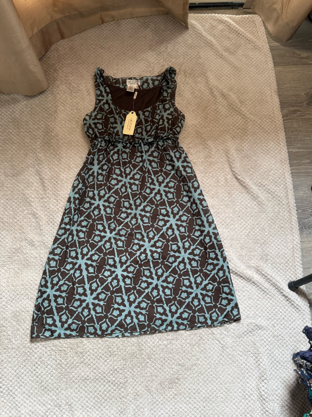 Blue and Brown Patterned Sleeveless Midi Dress